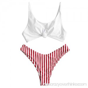 ZAFUL Women's Spaghetti Straps Front Knot Striped Two Piece Bikini Set White B07M6XZHSM